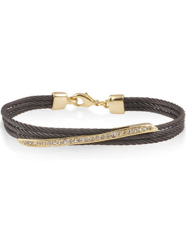 Black Cable Bracelet With Cubic Zirconia Crystal Gold Bar