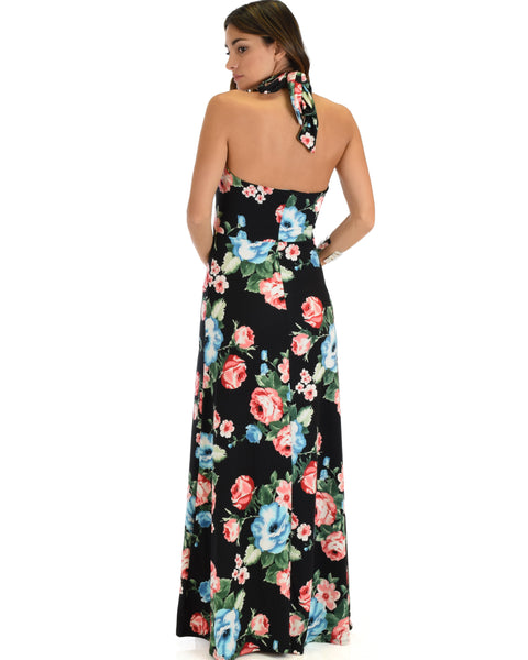 Lyss Loo Love Potion Halter Black Floral Maxi Dress