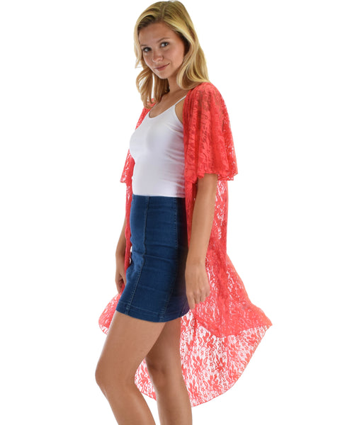 Lyss Loo Women's Simple Pleasure Coral Lace Kimono Cardigan