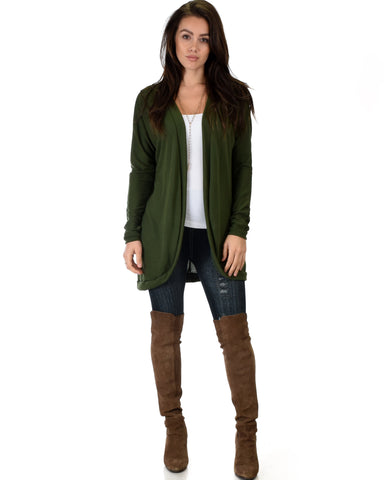 City Sleek Long-Line Olive Cardigan