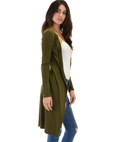 Juniors Graceful Ways Long Olive Cardigan