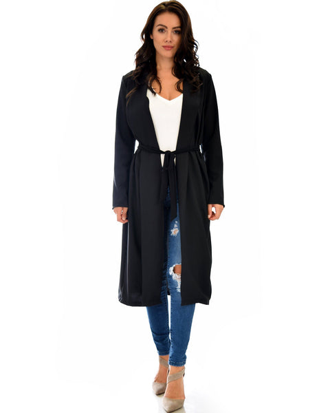 Contemporary Belted Long Line Black Cardigan Coat