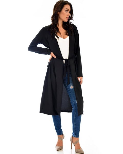 Contemporary Belted Long Line Black Cardigan Coat