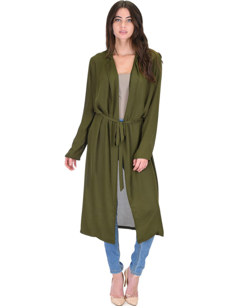 Contemporary Belted Sheer Olive Spring Cardigan