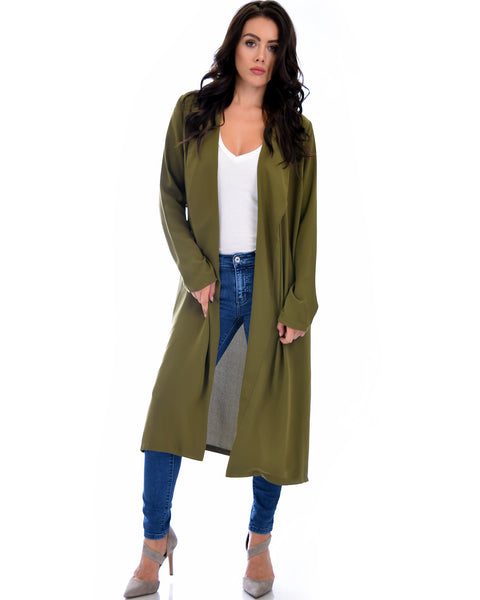 Contemporary Belted Long Line Olive Cardigan Coat