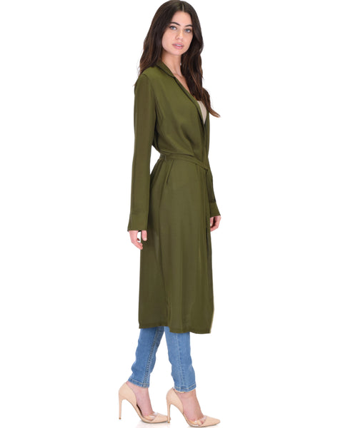 Contemporary Belted Sheer Olive Spring Cardigan