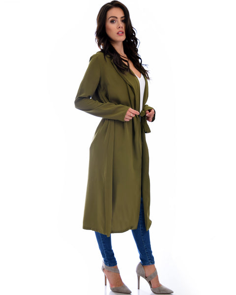 Contemporary Belted Long Line Olive Cardigan Coat