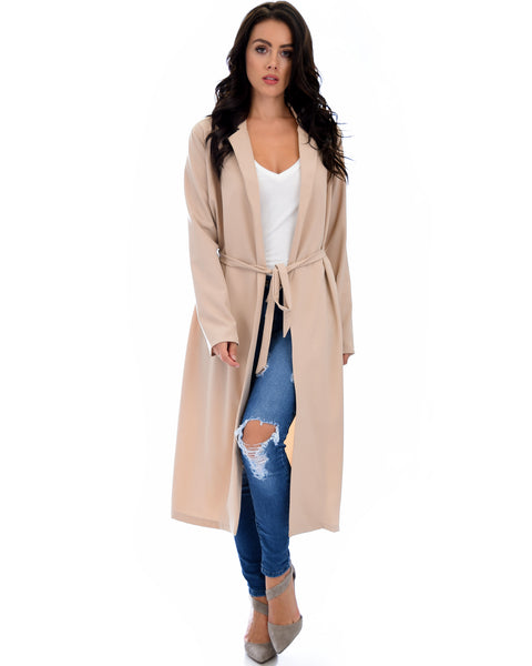 Contemporary Belted Long Line Taupe Cardigan Coat