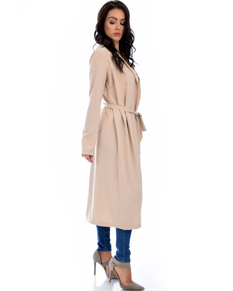 Contemporary Belted Long Line Taupe Cardigan Coat