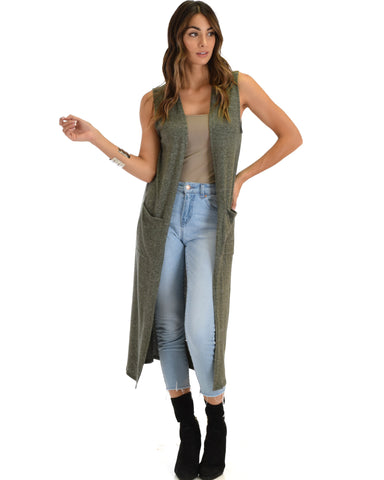 Cover Me Up Long-line Olive Cardigan Vest With Pockets