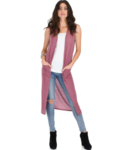 Cover Me Up Long-line Marsala Cardigan Vest With Pockets