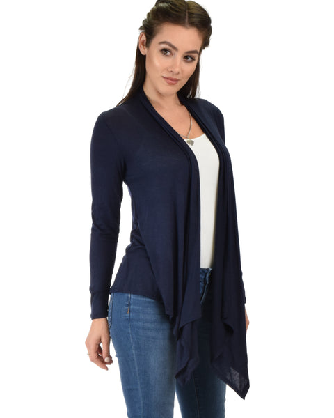 Throw It On Long Sleeve Draped Navy Cardigan