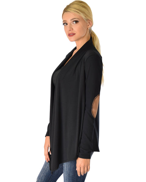 Ribbed Black Cardigan Sweater with Suede Elbow Patch