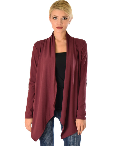 Ribbed Burgundy Cardigan Sweater with Suede Elbow Patch