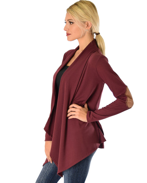 Ribbed Burgundy Cardigan Sweater with Suede Elbow Patch