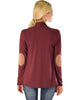 Ribbed Burgundy Cardigan Sweater with Suede Elbow Patch - Back Image