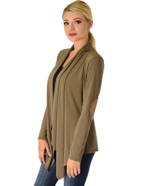 Ribbed Olive Cardigan Sweater with Suede Elbow Patch