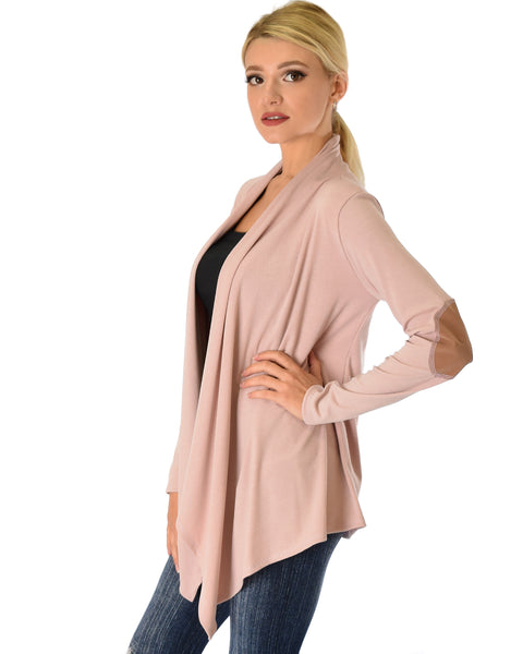 Ribbed Mauve Cardigan Sweater with Suede Elbow Patch