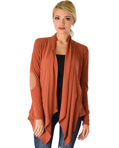 Ribbed Rust Cardigan Sweater with Suede Elbow Patch