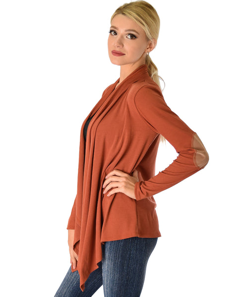 Ribbed Rust Cardigan Sweater with Suede Elbow Patch