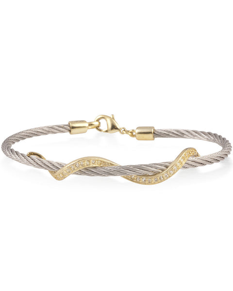 Silver Cable Bracelet With Gold Stainless Steel Wave Bar