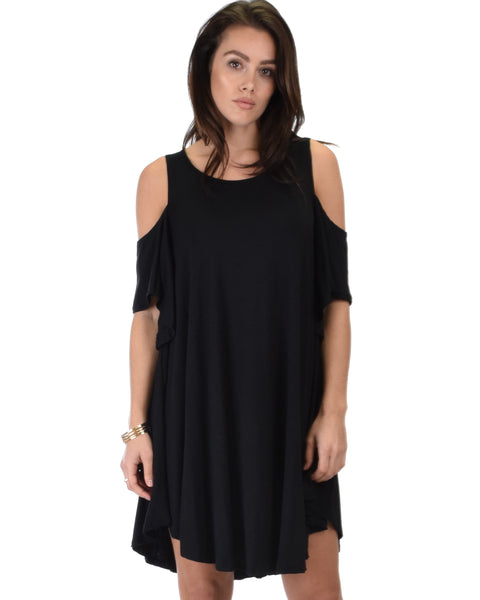 Sun Kissed Cold Shoulder Draped Black Tunic Dress