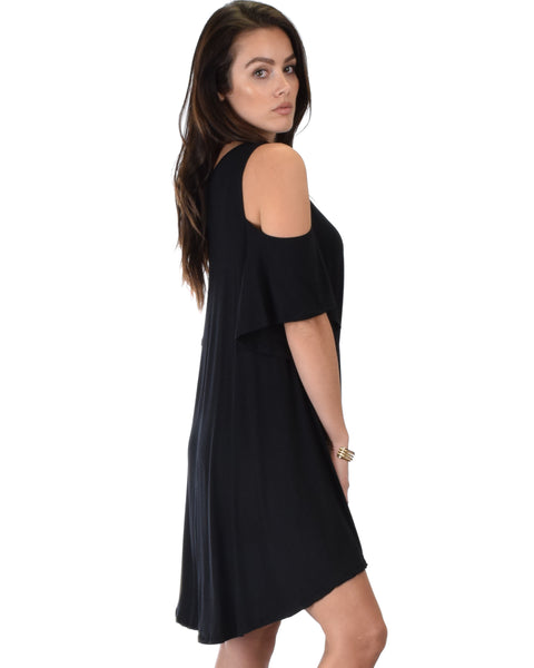 Sun Kissed Cold Shoulder Draped Black Tunic Dress