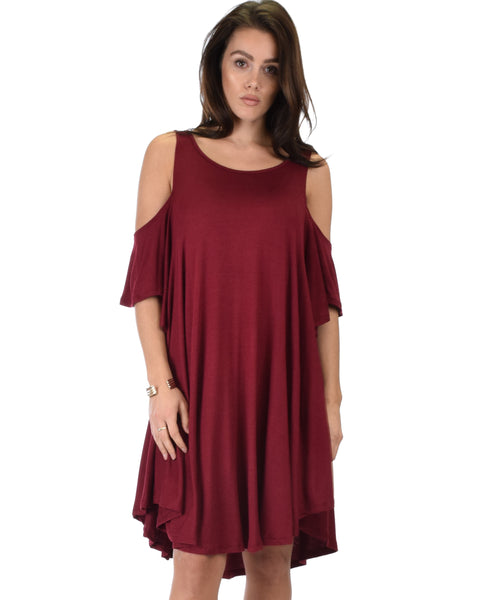 Sun Kissed Cold Shoulder Draped Burgundy Tunic Dress