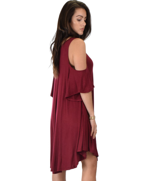 Sun Kissed Cold Shoulder Draped Burgundy Tunic Dress