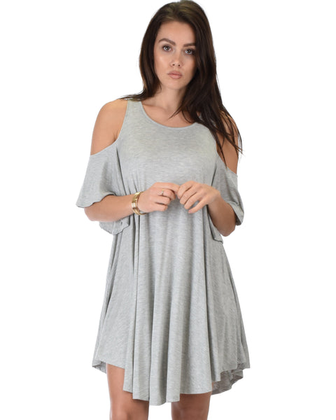 Sun Kissed Cold Shoulder Draped Grey Tunic Dress