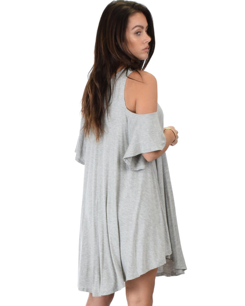 Sun Kissed Cold Shoulder Draped Grey Tunic Dress