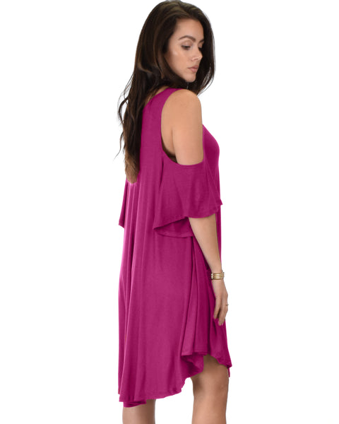 Sun Kissed Cold Shoulder Draped Magenta Tunic Dress