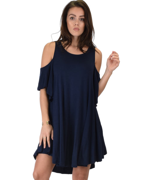 Sun Kissed Cold Shoulder Draped Navy Tunic Dress