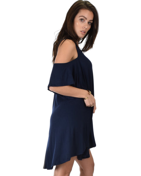 Sun Kissed Cold Shoulder Draped Navy Tunic Dress