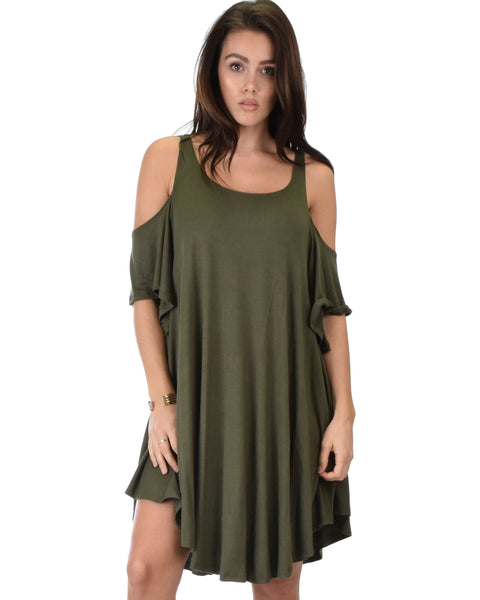 Sun Kissed Cold Shoulder Draped Olive Tunic Dress