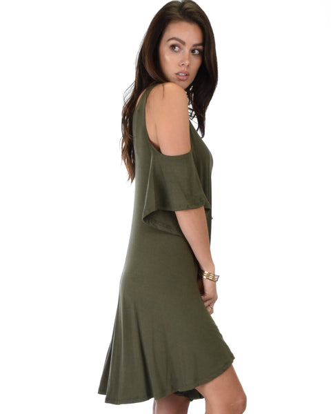 Sun Kissed Cold Shoulder Draped Olive Tunic Dress