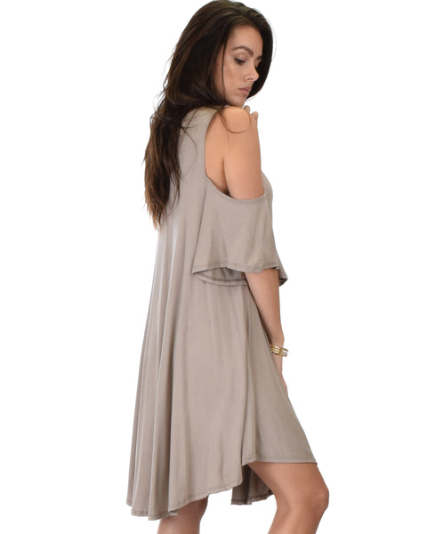 Sun Kissed Cold Shoulder Draped Taupe Tunic Dress