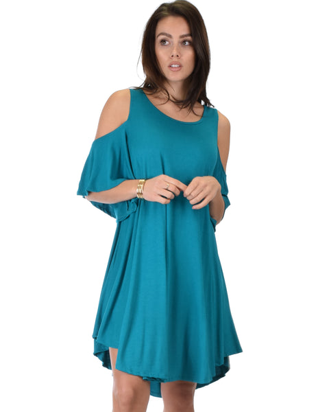 Sun Kissed Cold Shoulder Draped Teal Tunic Dress