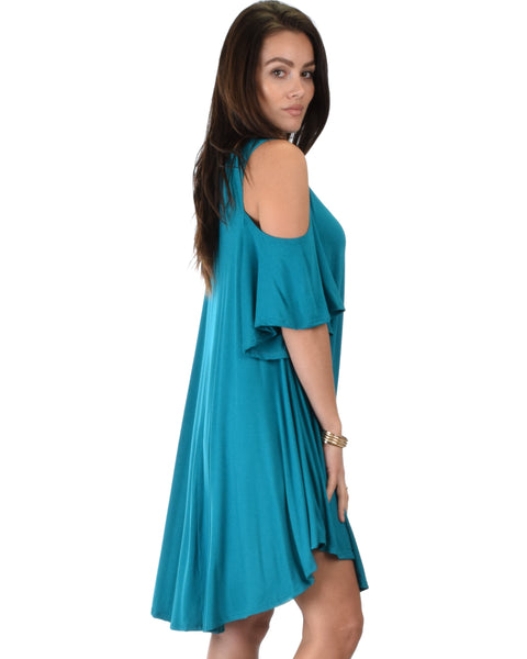 Sun Kissed Cold Shoulder Draped Teal Tunic Dress