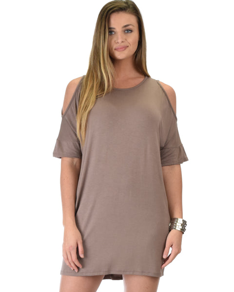 Sun Kissed Shoulder Taupe Tunic Dress