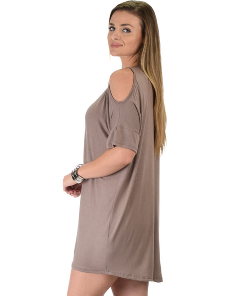 Sun Kissed Shoulder Taupe Tunic Dress