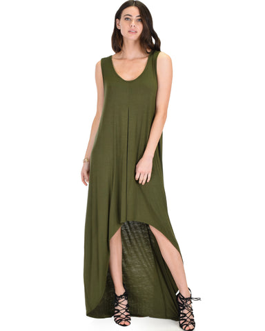 Rock & Ready Sleeveless Hi-low Olive Maxi Dress