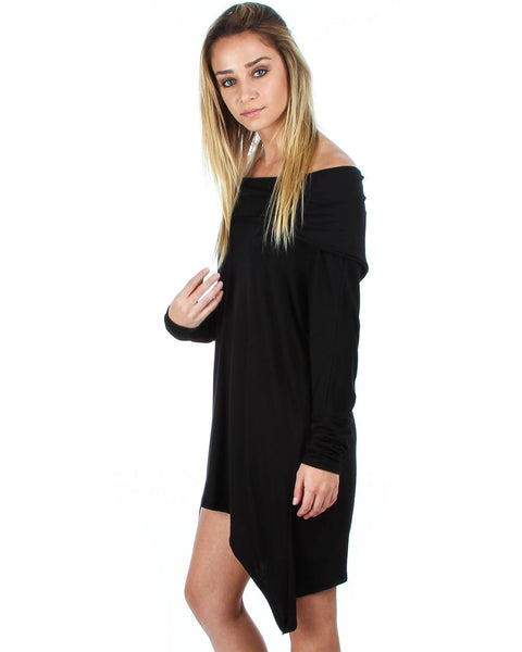 Off The Shoulder Draped Black Tunic Dress