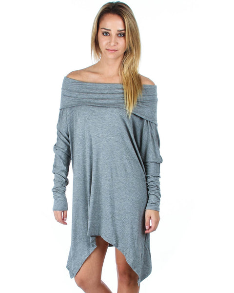 Off The Shoulder Draped Grey Tunic Dress