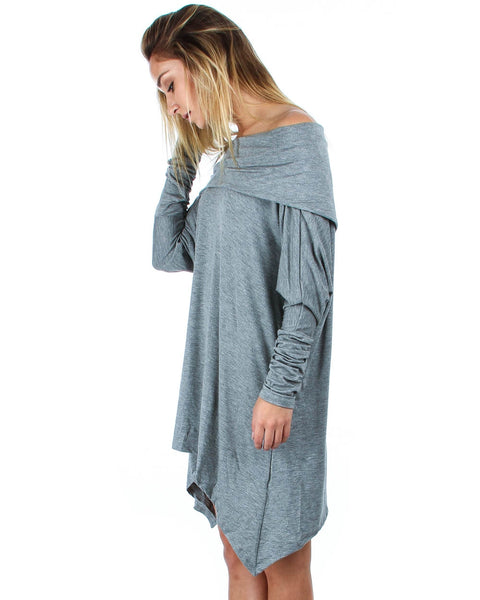 Off The Shoulder Draped Grey Tunic Dress