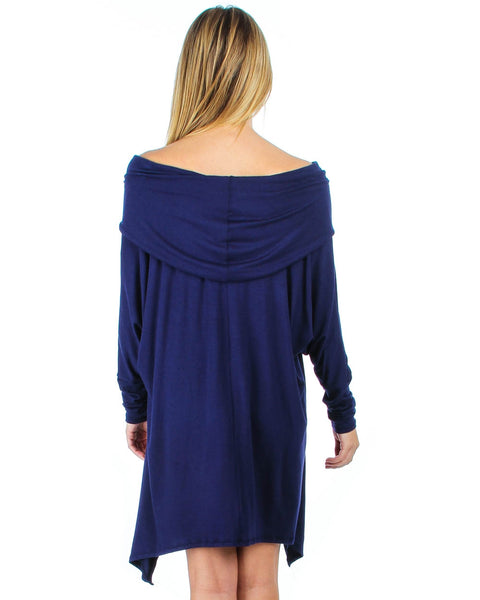 Off The Shoulder Draped Navy Tunic Dress