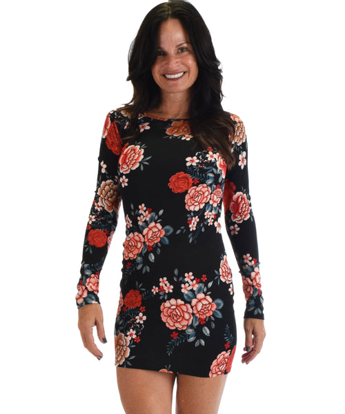 Lyss Loo Women's Love Steal A Kiss Long Sleeve Black Floral Bodycon Dress