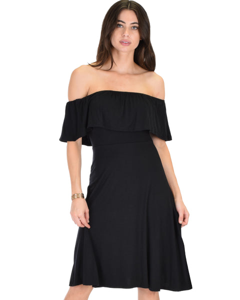 Wait And See Off The Shoulder Black Midi Dress