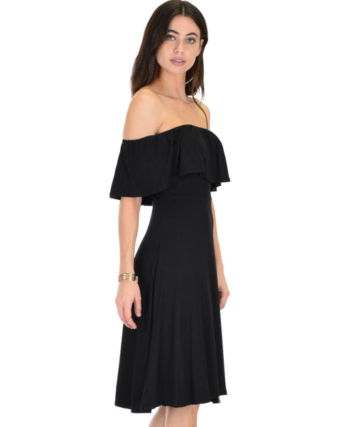 Wait And See Off The Shoulder Black Midi Dress