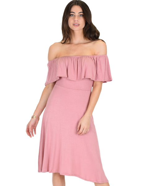 Wait And See Off The Shoulder Mauve Midi Dress